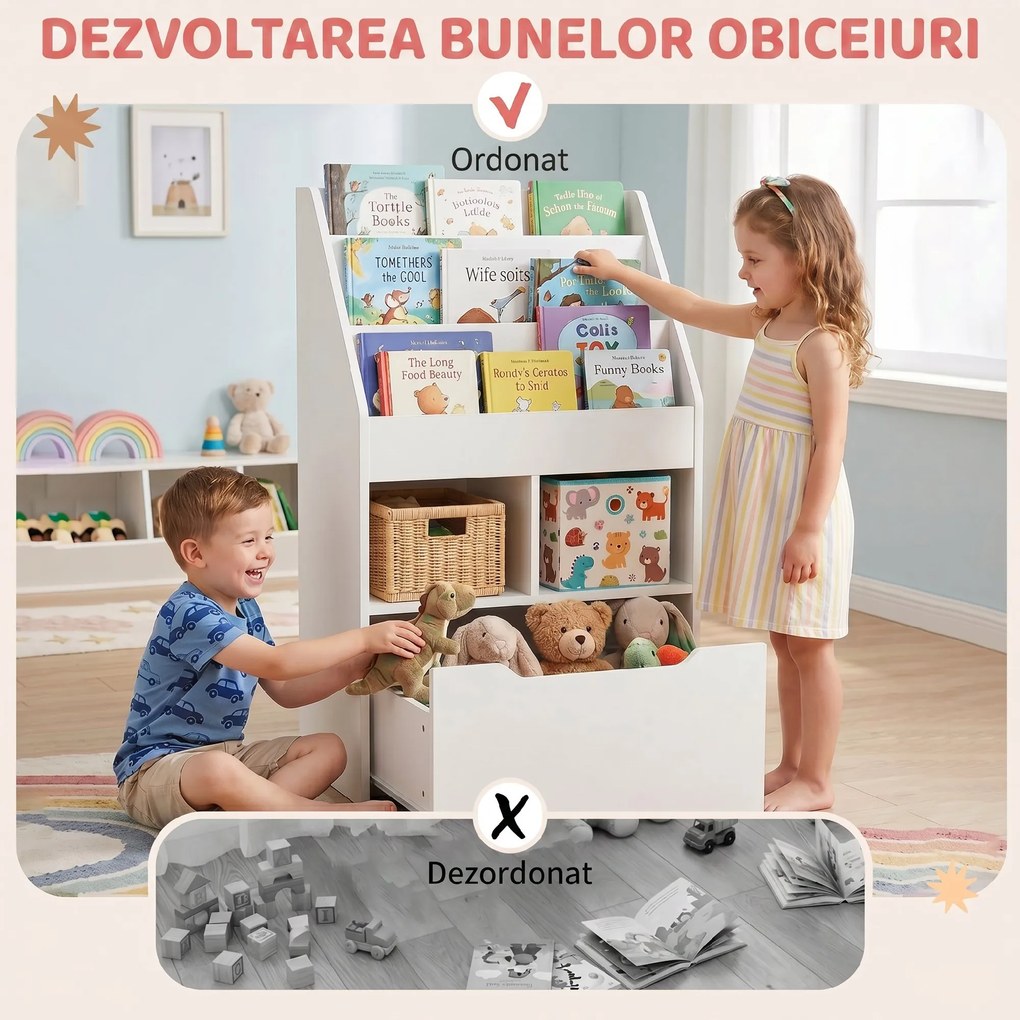 Biblioteca pentru Copii cu mai Multe Rafturi Suport de Organizare cu Sertar de Depozitare pentru Camera de Joaca, Alb HOMCOM | Aosom Romania