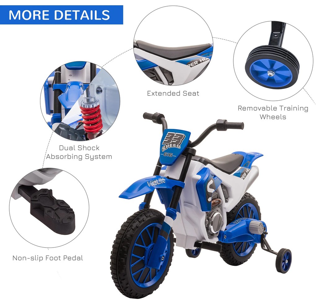 Motocicleta Cros Electrica HOMCOM pentru Copii 3-5 ani, Baterie 12V Reincarcabila, Rotite Detasabile, Albastru inchis 106,5x51,5x68cm | Aosom Romania