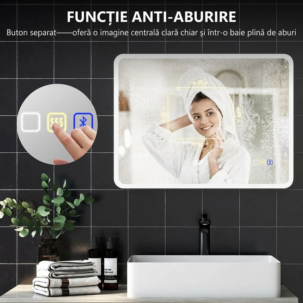 HOMCOM Oglindă LED pentru Baie cu Bluetooth, Iluminare Reglabilă și Funcție de Memorare, din Sticlă Securizată, 80x60x3,5 cm | Aosom Romania