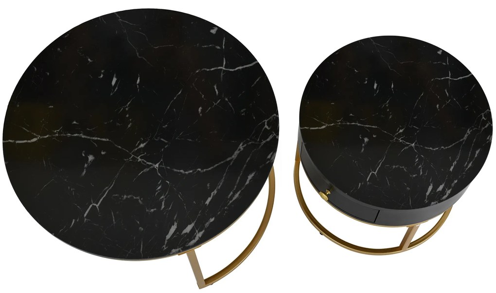 Set de 2 Măsuțe de Cafea Moderne Suprapuse cu Efect de Marmură Lucioasă, Structură din Metal, 70x70x48 cm și 50x50x43,5 cm, Negru