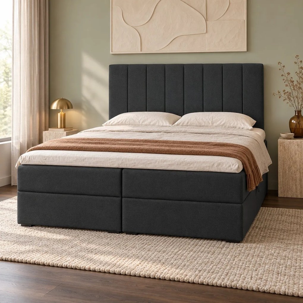 Pat boxspring din catifea Novella cu ladă 160×200 cm, gri închis