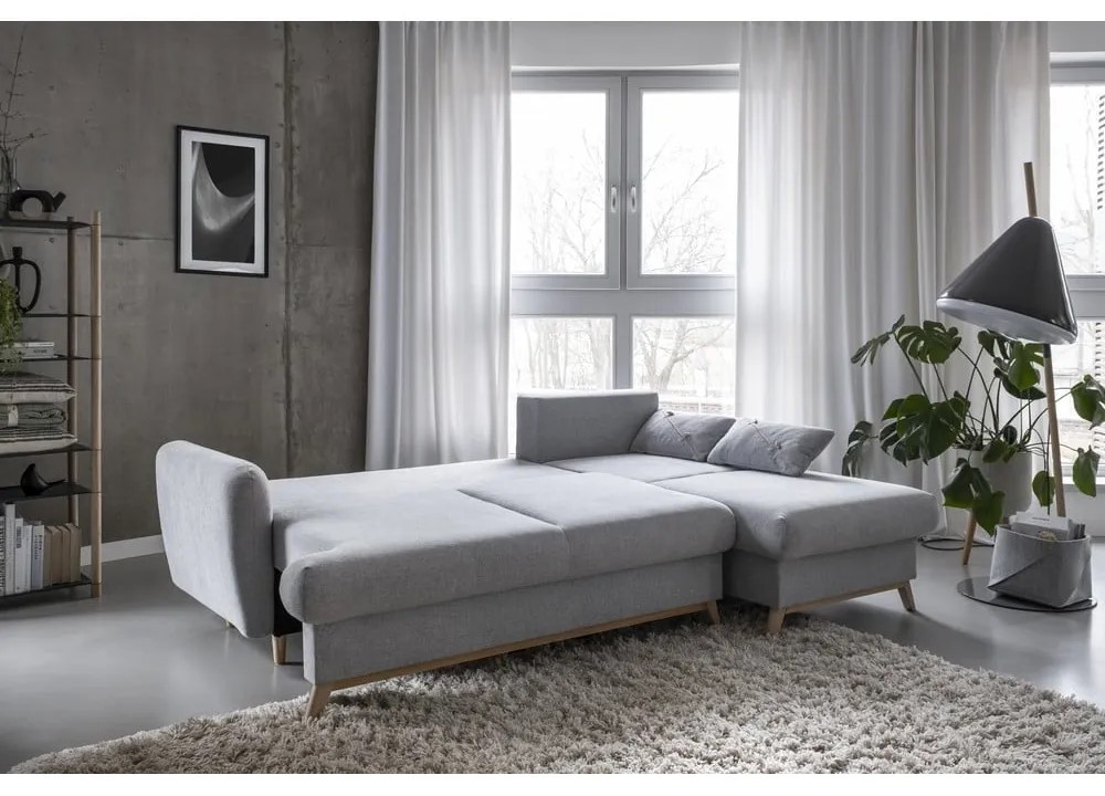 Colțar gri deschis extensibil/cu spațiu de depozitare (cu colț pe partea dreaptă/cu șezlong) Scandic Lagom – Miuform