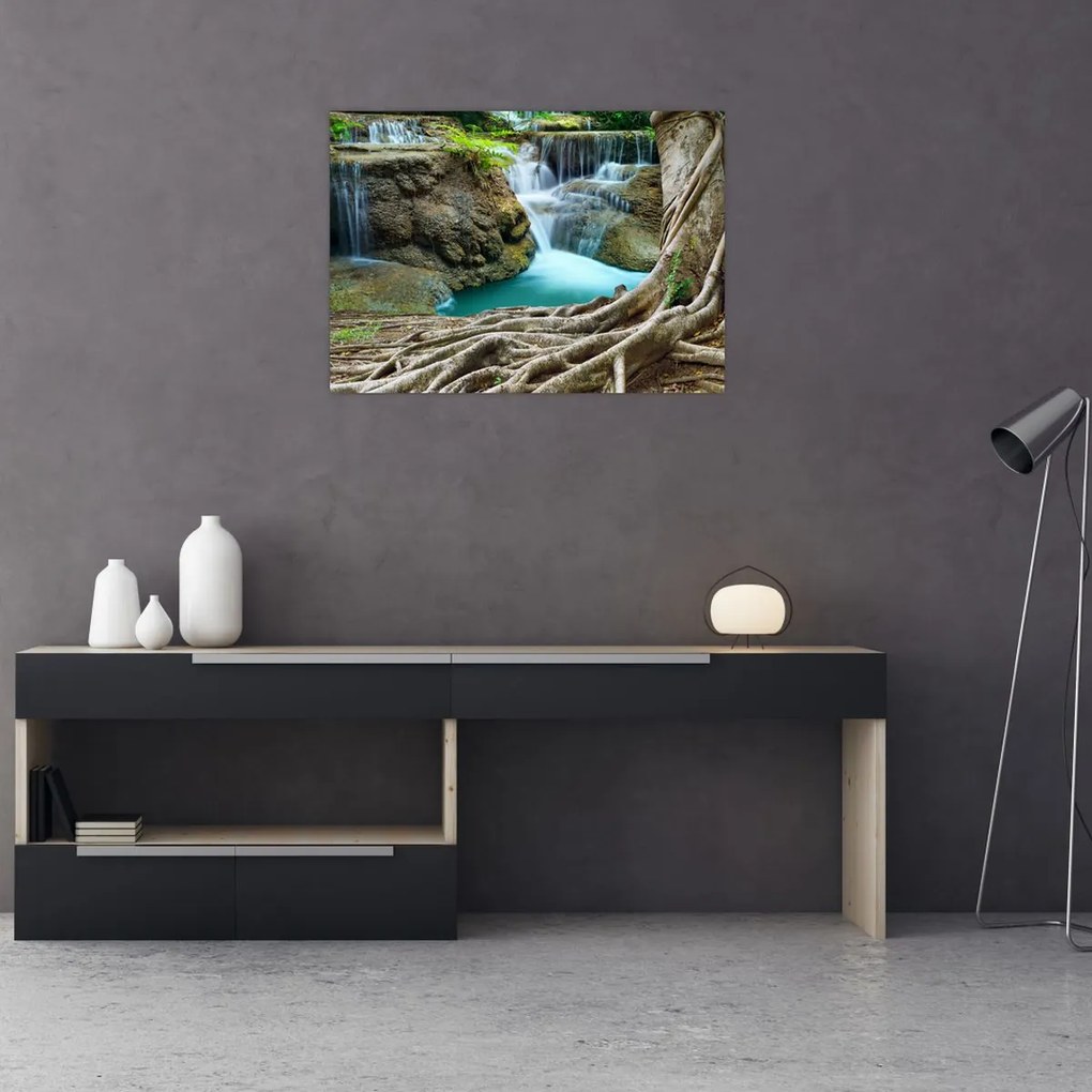 Tablou pe sticlă - Râu cu cascade (70x50 cm)