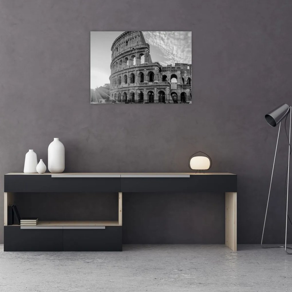 Tablou pe sticlă - Colosseum din Roma, alb-negru (70x50 cm)