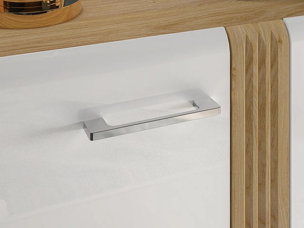 Comoda cu 3 usi, alb lucios+stejar, 150x90x42 cm, canturi abs, inchidere silentioasa usa , sertare extensie totala alb lucios stejar, 150 cm, 90 cm,