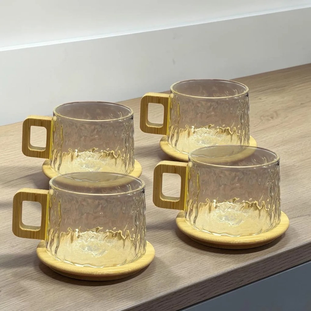 Set 4 cani  , zNATURA,   din sticla borosilicata cu suport si maner din bambus, 250 ml