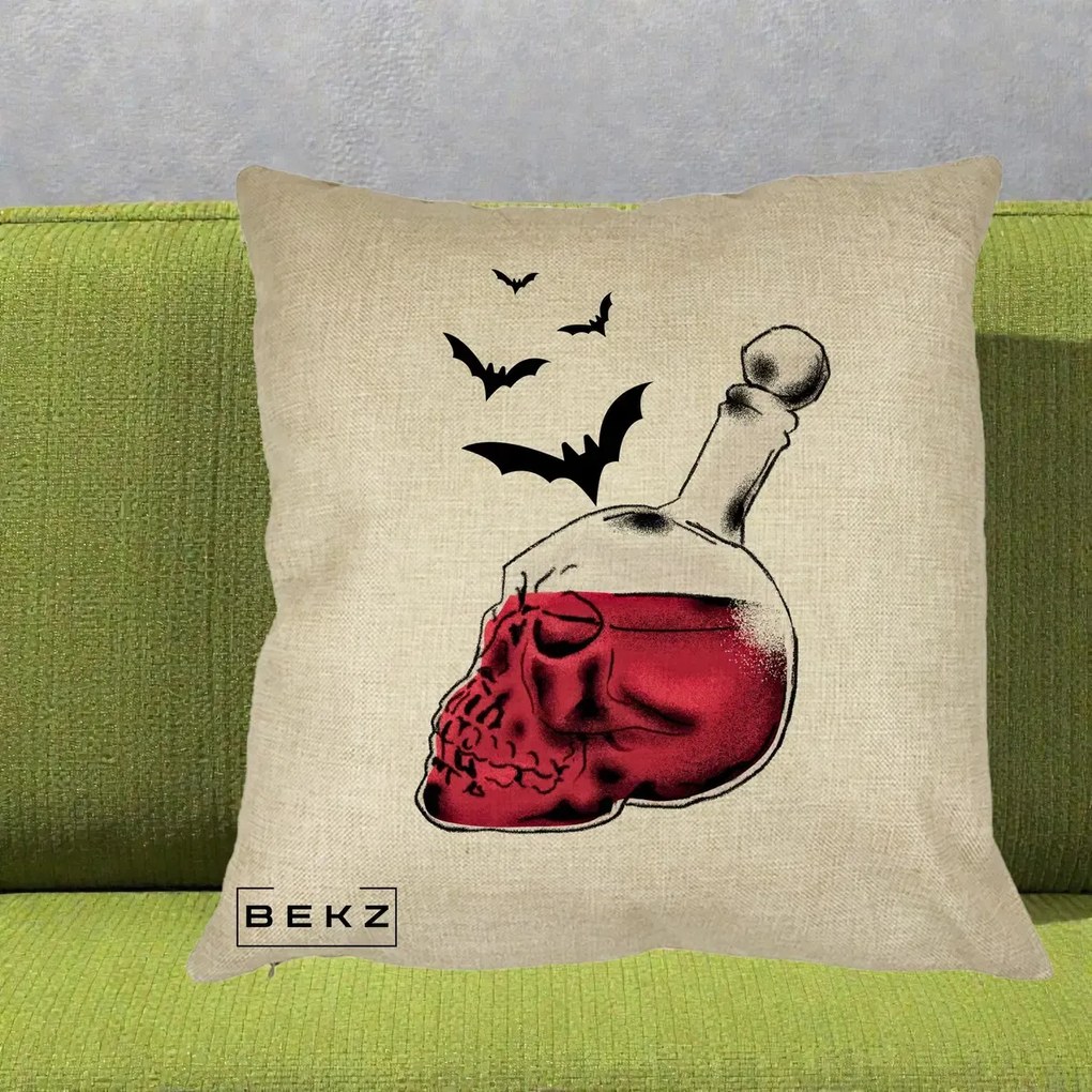 Perna Decorativa Halloween Craniu-Sticla cu Lilieci, 40x40 cm, Crem, Husa Detasabila, Perna Inclusa, BEKZ®