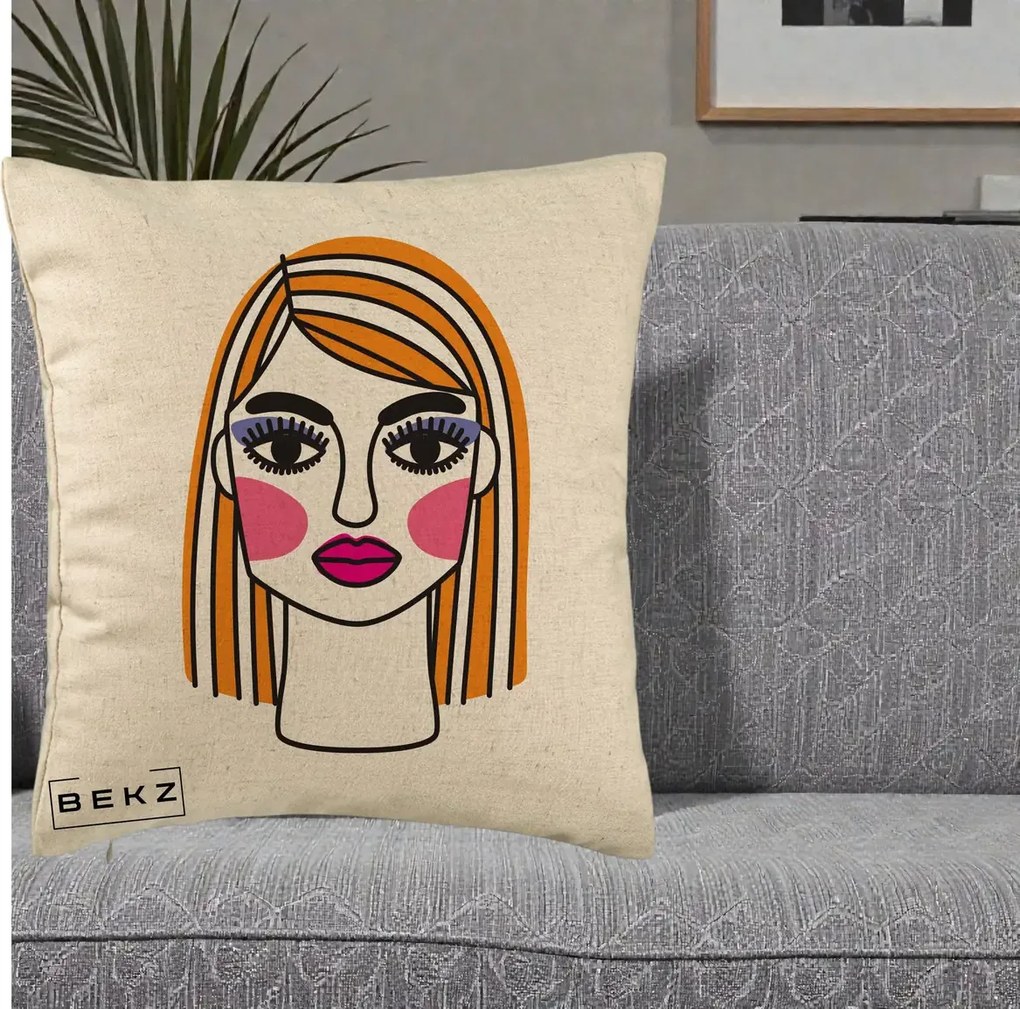 Perna Decorativa Portret Pop Art Fata, 40x40 cm, Bej, Husa Detasabila, Perna Inclusa, BEKZ®