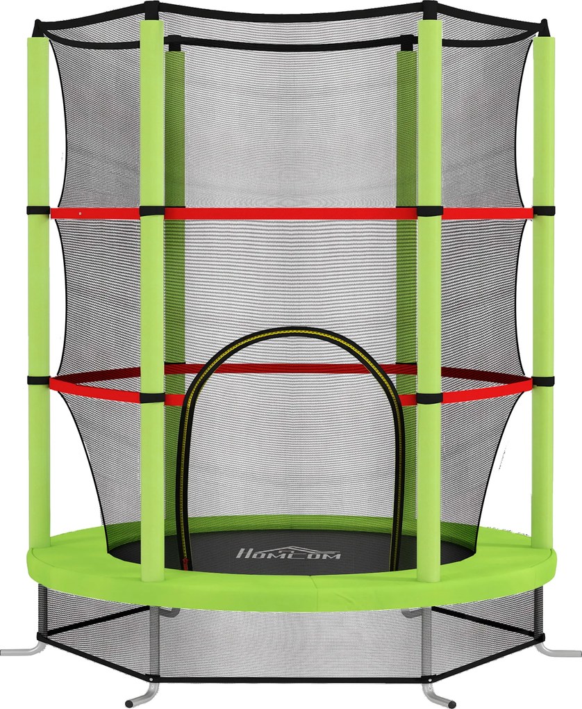 HOMCOM Saltea Elastică pentru Copii 3-6 Ani cu Plasă de Protecție, 6 Stâlpi și 3 Intrări, Ø140x190 cm, Verde | Aosom Romania