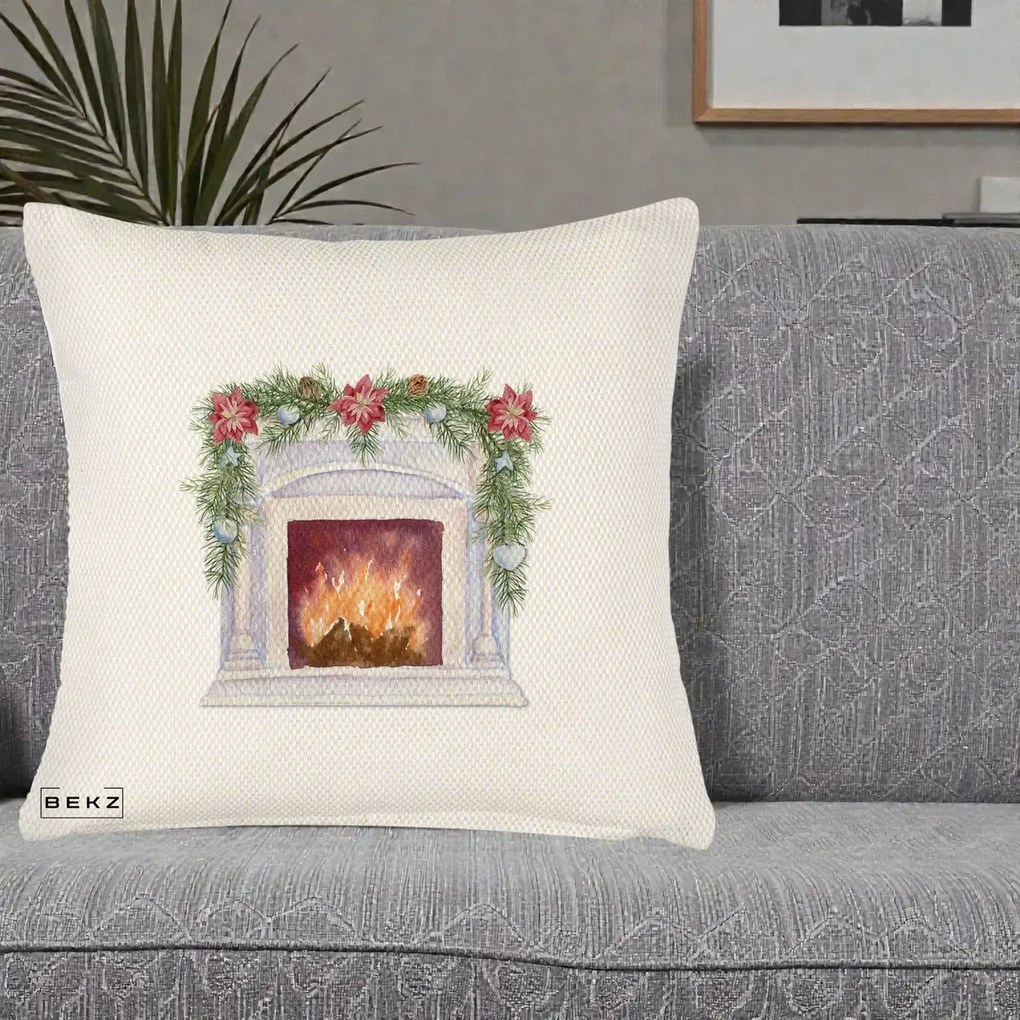 Perna Decorativa Semineu de Craciun Watercolor, 40x40 cm, Crem Reliefat, Husa Detasabila, Perna Inclusa, BEKZ®