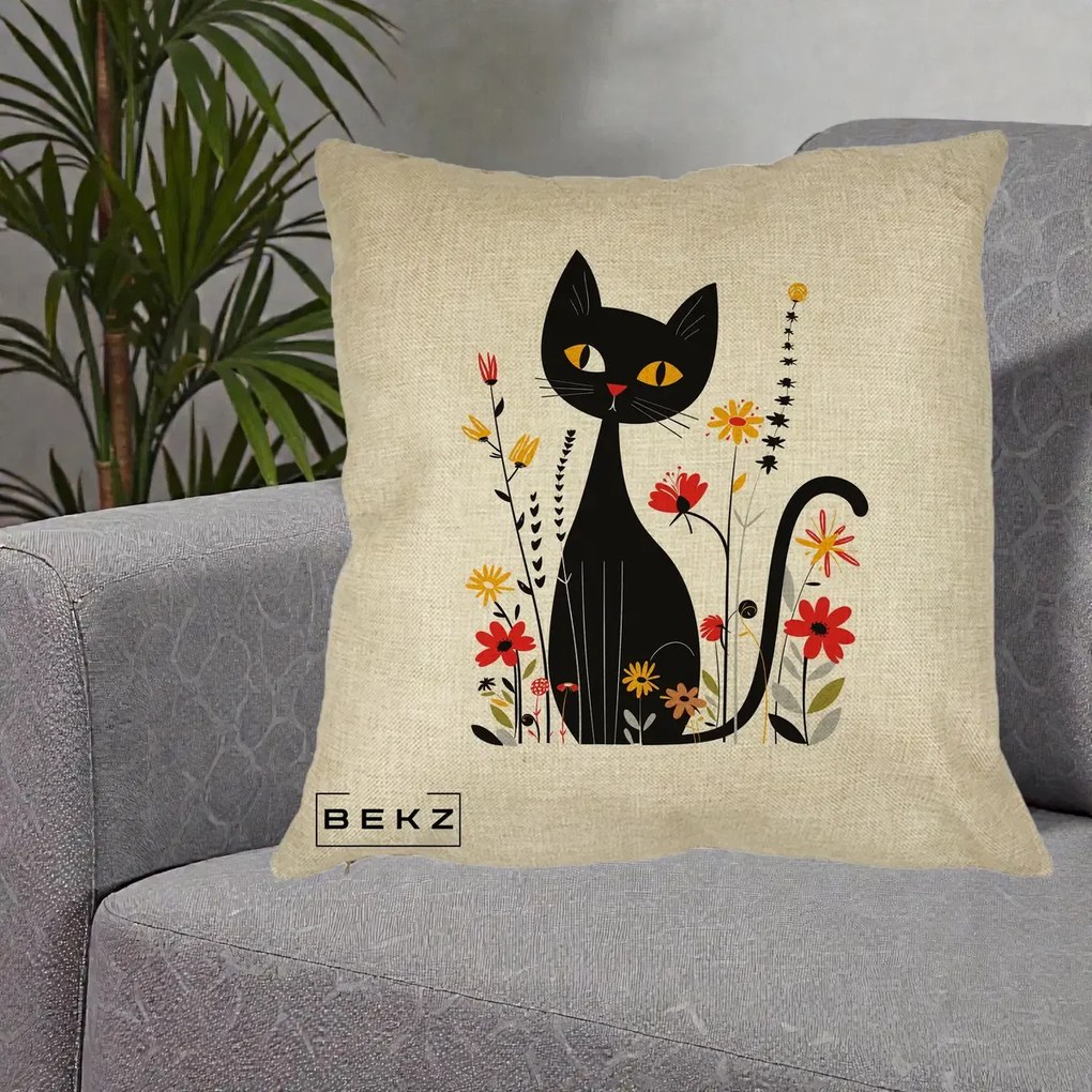 Perna Decorativa Pisica Neagra Ochi Galbeni Flori, 40x40 cm, Crem, Husa Detasabila, Perna Inclusa, BEKZ®