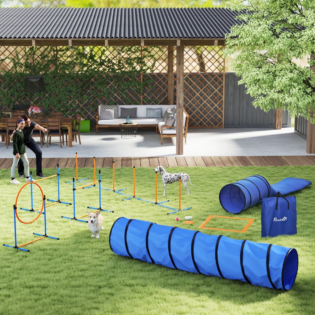 PawHut Set Agility pentru câini, 11 piese, echipament Agility pentru câini cu 2 tuneluri, înălțime reglabilă, cerc de sărit și obstacole, stâlpi slalom | Aosom Romania