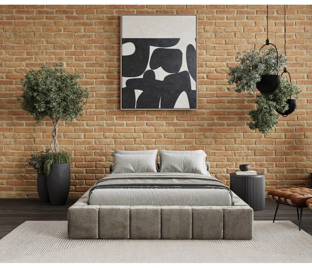 Pat matrimonial bej tapițat cu spațiu de depozitare cu somieră 160x200 cm Aruba L – Maison de Rêve