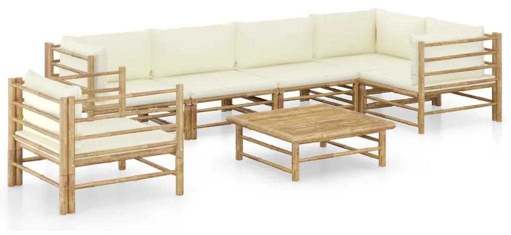 Set mobilier de gradina, 7 piese, perne alb crem, bambus Crem, 2x mijloc + 3x colt + fotoliu + masa, 1