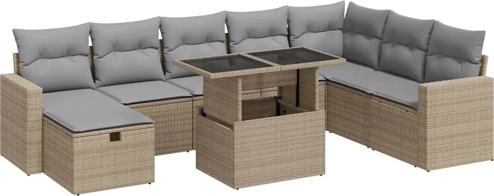 vidaXL Set canapele de grădină, 9 piese, cu perne, bej, poliratan
