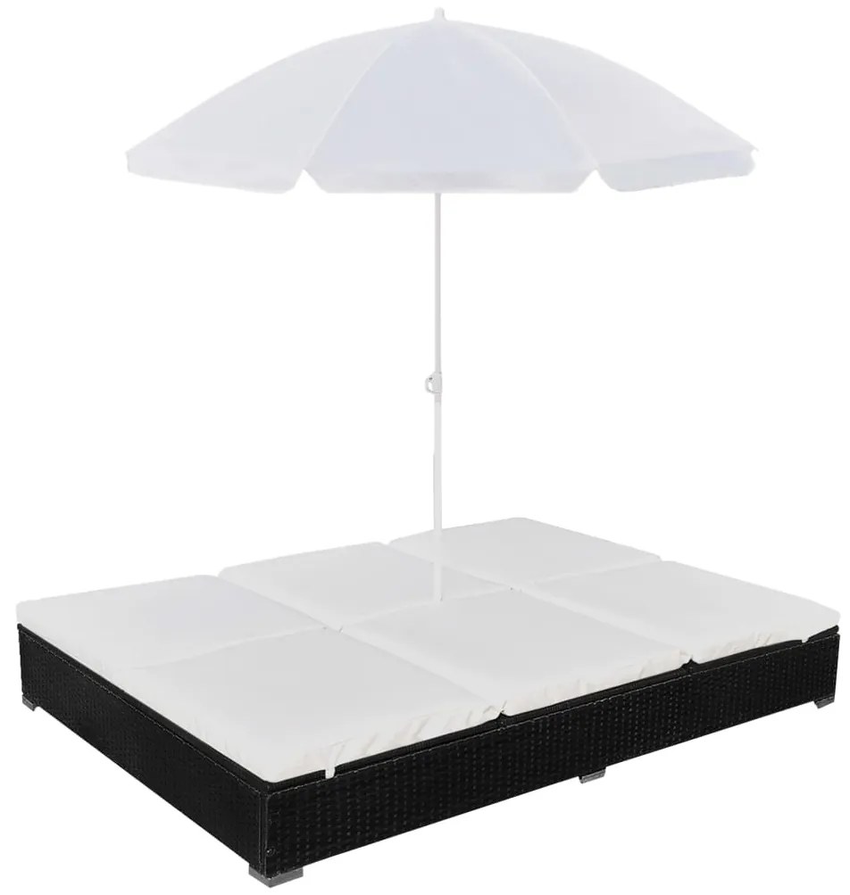 vidaXL Pat șezlong de exterior cu umbrelă, negru, poliratan