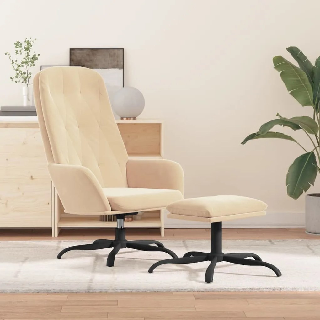 3097639 vidaXL Scaun de relaxare cu taburet, alb crem, catifea
