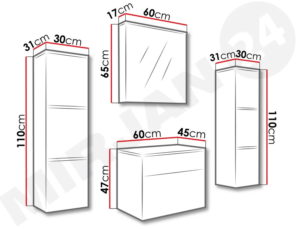 Mobilier baie Mendana (Alb + lucios Alb) (cu chiuvetă) (cu iluminat LED). 1103993