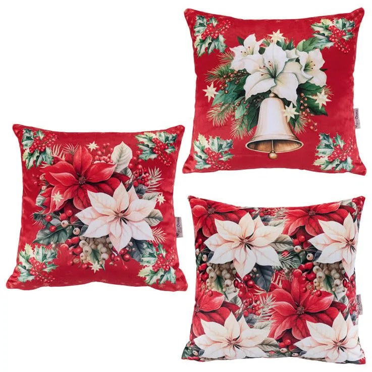 Set de 3 fețe pernuțe RED POINSETTIA 45 x 45 cm