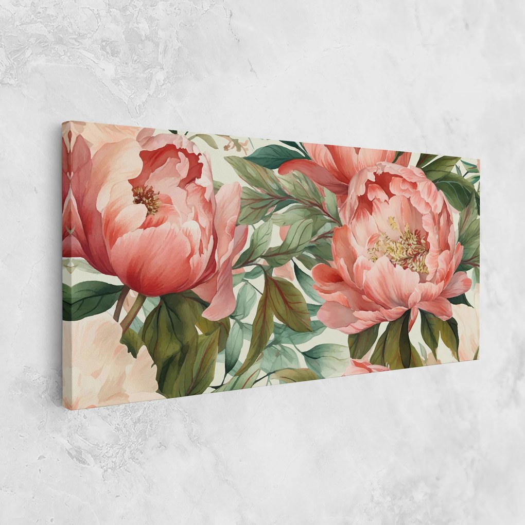 Tablou Canvas, 80x160cm, Dormitor si Living, Flori, Bujori, Light Red Peony