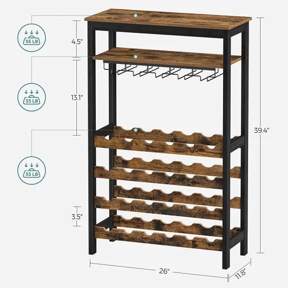 Raft De Depozitare Cu Blat Si Suport Pentru Sticle, Maro Rustic Si Negru, 26 Cm