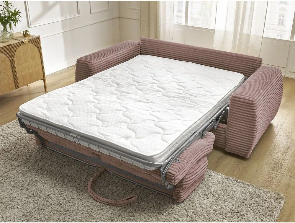 Canapea roz pentru dormitul zilnic/extensibilă cu tapițerie din catifea reiată 240 cm Hugo – Bobochic Paris