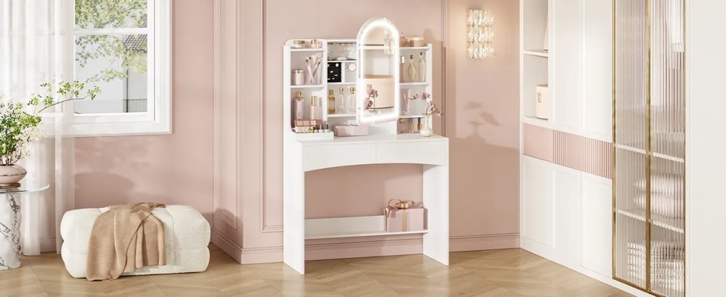 Masuta machiaj cu Oglinda LED si 2 Sertare pentru Cosmetice, Set Masa toaleta 90 cm, Alb, masuta cosmetica, vanity - SEA910