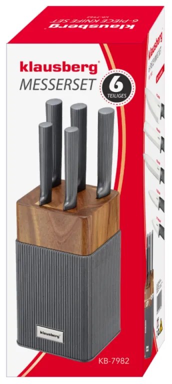 Set cuțite Klausberg KB 7982, 6 piese, Oțel inoxidabil, Mâner lemn de salcâm, Grafit/maro