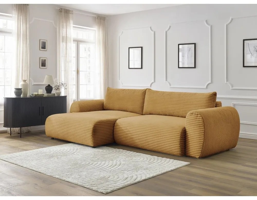 Colțar galben muștar extensibil cu tapițerie din catifea reiată (cu colț pe partea stângă ) Lucien – Bobochic Paris