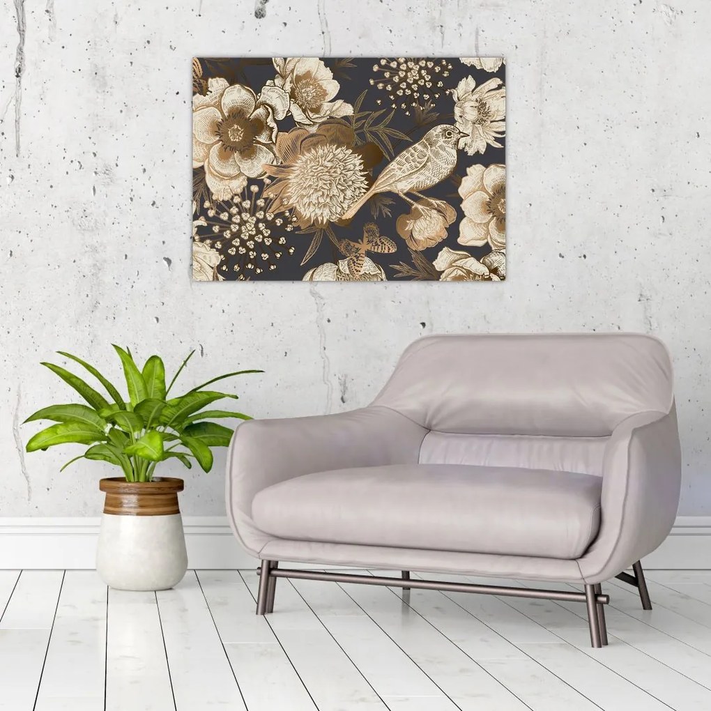 Tablou pe sticlă - Flori aurii pe fundal întunecat (70x50 cm)