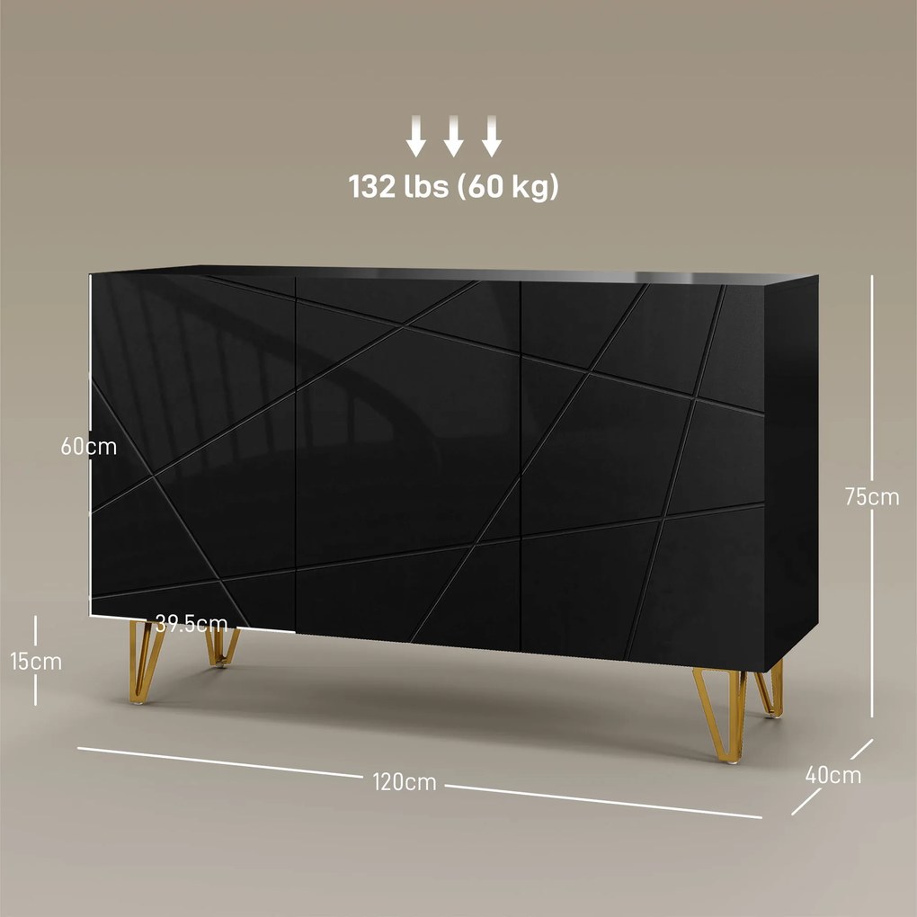 HOMCOM Dulap de Depozitare cu 2 Dulapuri și Raft Reglabil pe 3 Niveluri, Bufet Modern din PAL și Metal, 120x40x75 cm, Negru și Auriu | Aosom Romania