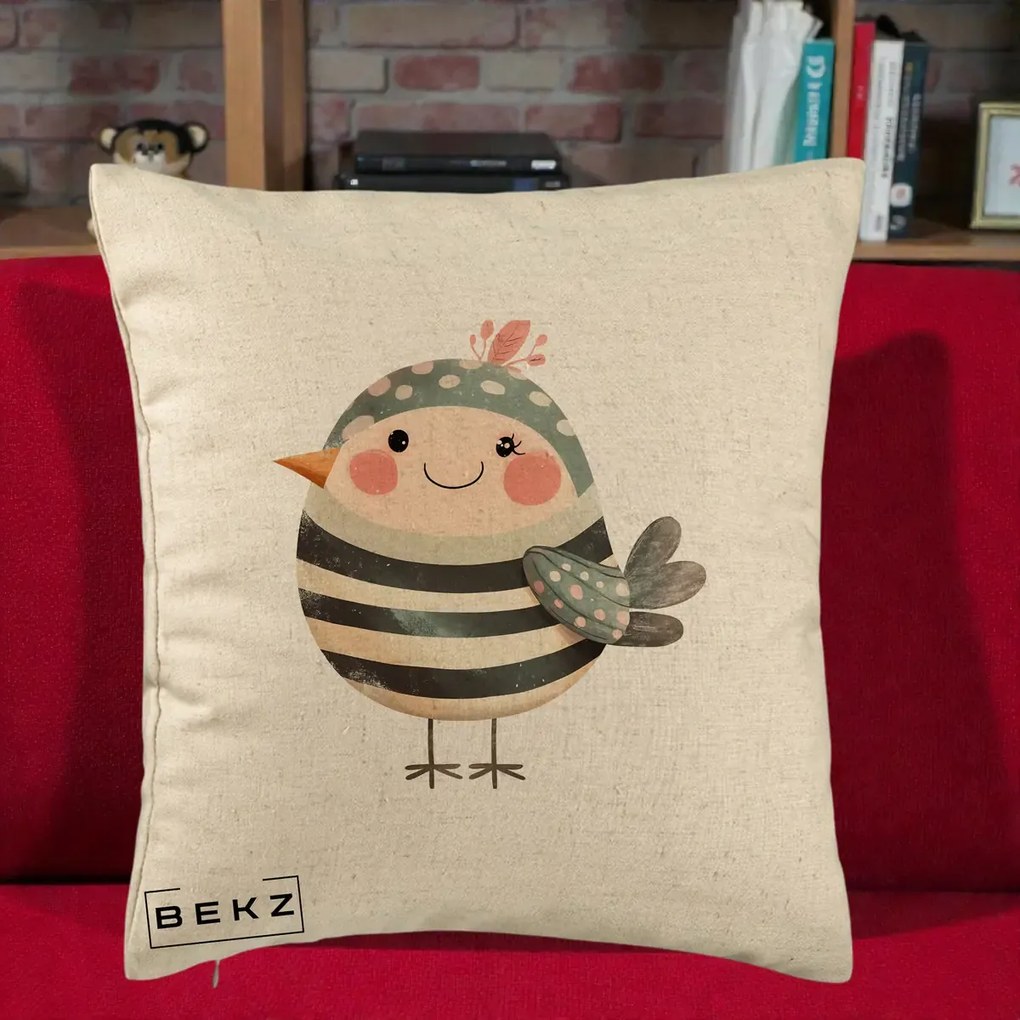 Perna Decorativa Pui Kawaii Teal cu Flori, 40x40 cm, Bej, Husa Detasabila, Perna Inclusa, BEKZ®