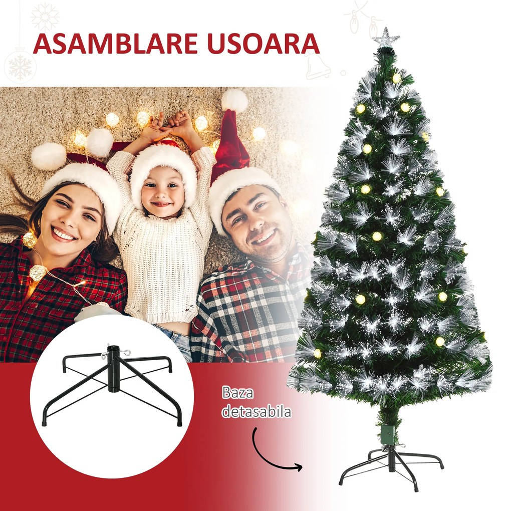 Brad de Craciun artificial de 120 cm, cu 130 de ramuri cu lumina LED cu fibra optica, baza pliabila detasabila, verde Φ63x120cm HOMCOM | Aosom Romania