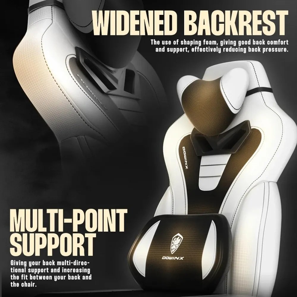 RESIGILAT- DOWINX Scaun gaming, ergonomic, suport lombar cu masaj, Șezut cu Arcuri Metalice și Spumă, Spătar înalt, rabatabil 90°-145°, Buzunar depozitare, Suport picioare, rezistent 150 kg, material PU respirabil, Alb/Negru
