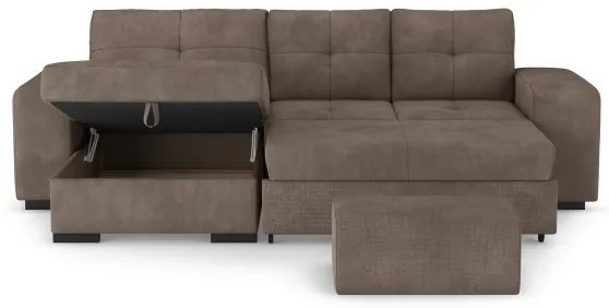 Canapea extensibilă PALERMO cu spațiu de depozitare și taburet, maro, orientare stânga