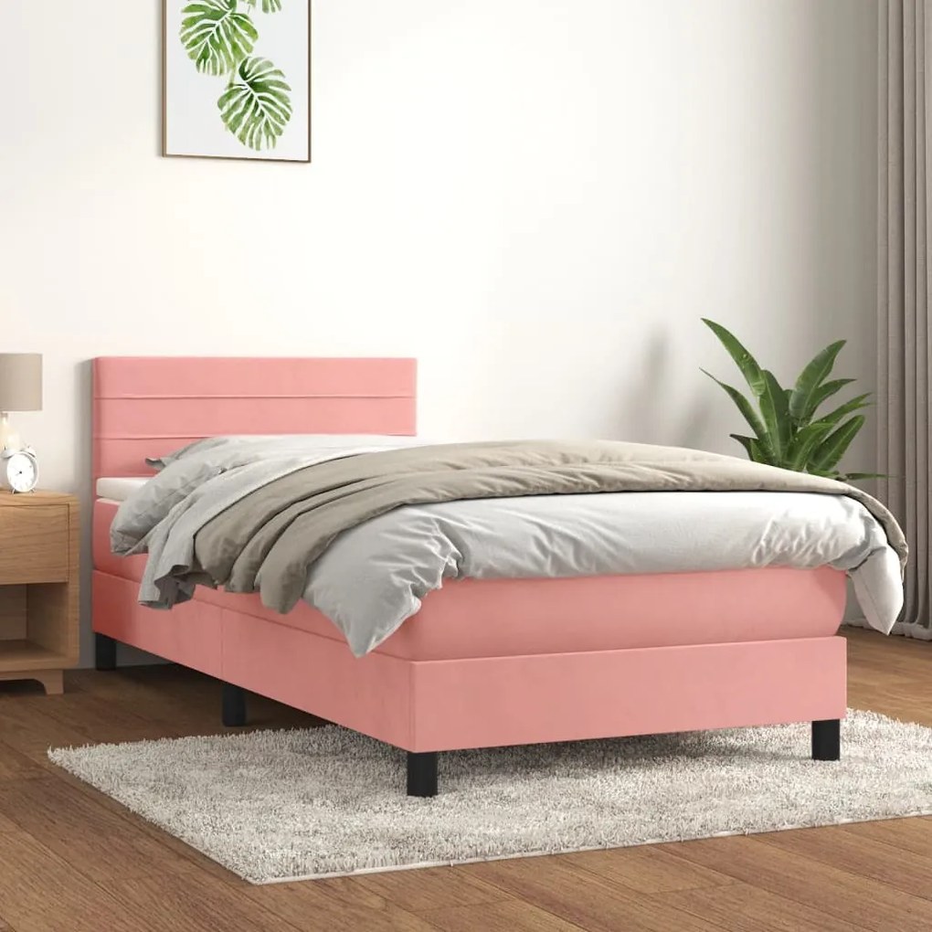 vidaXL Pat box spring cu saltea, roz, 90x190 cm, catifea