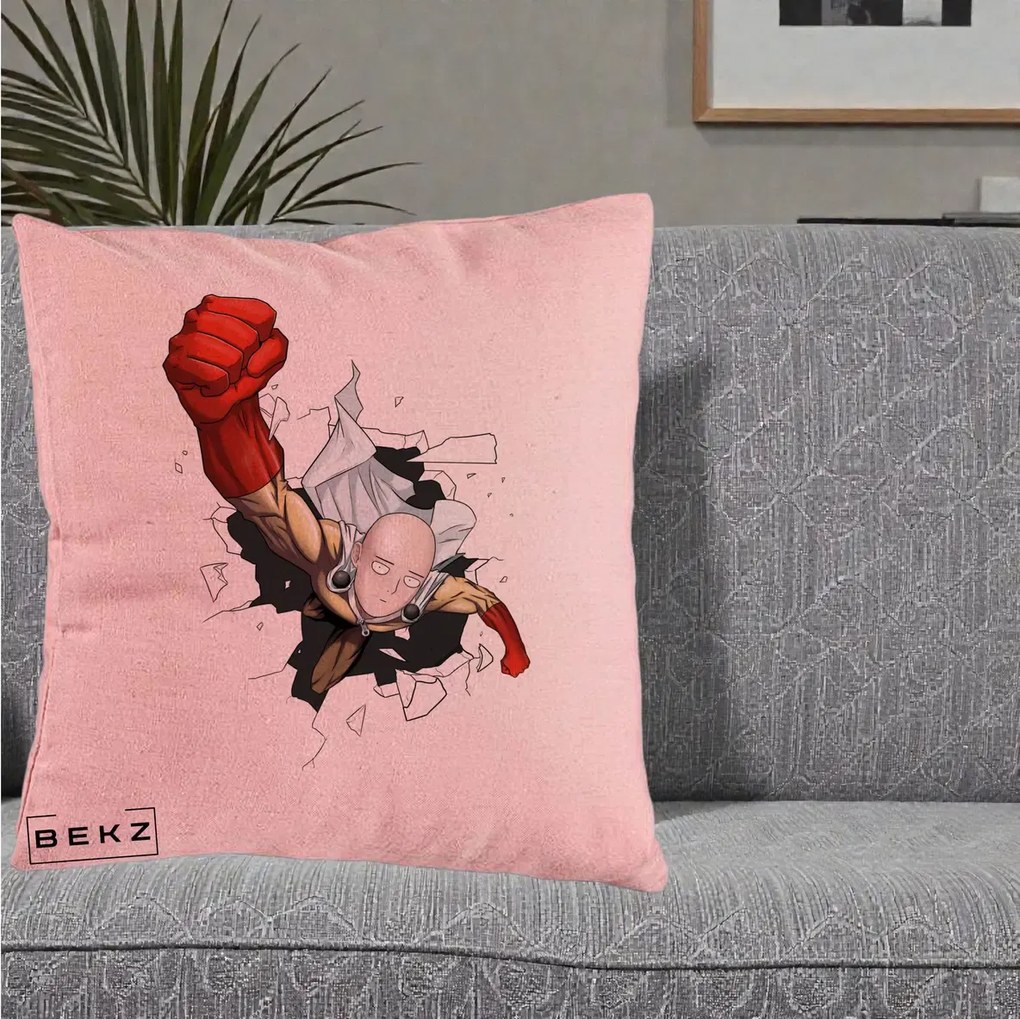 Perna Personalizata One Punch Man Saitama Pumn, 40x40 cm, Roz, Husa Detasabila, Perna Inclusa, BEKZ®