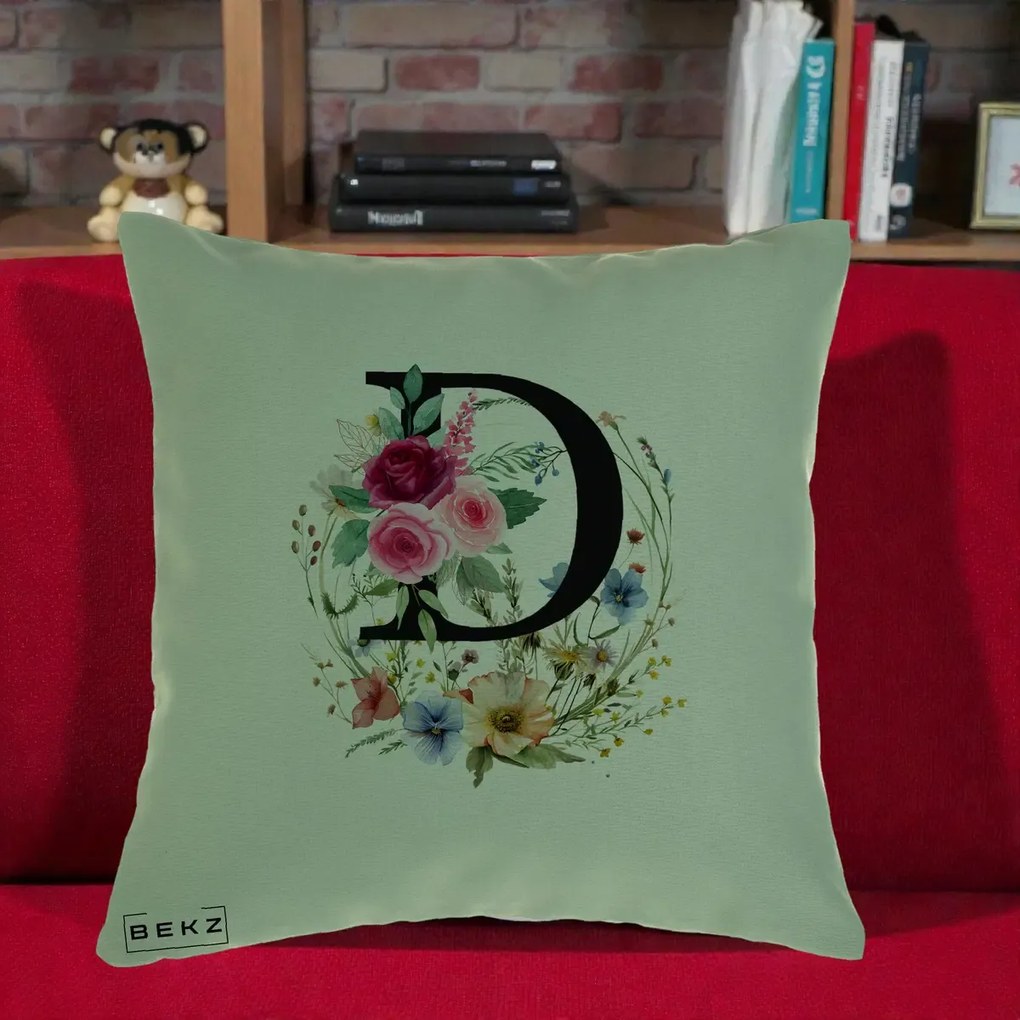 Cadou Personalizat - Perna Personalizata Monogram Litera D cu Flori Acuarela, 40x40 cm, Verde, Husa Detasabila, Perna Inclusa, BEKZ®