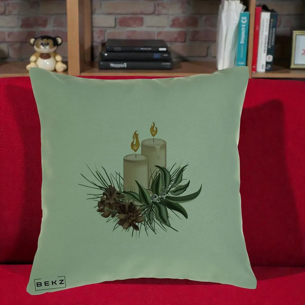 Perna Decorativa Lumanari cu Ilex si Conuri Ilustratie, 40x40 cm, Verde, Husa Detasabila, Perna Inclusa, BEKZ®