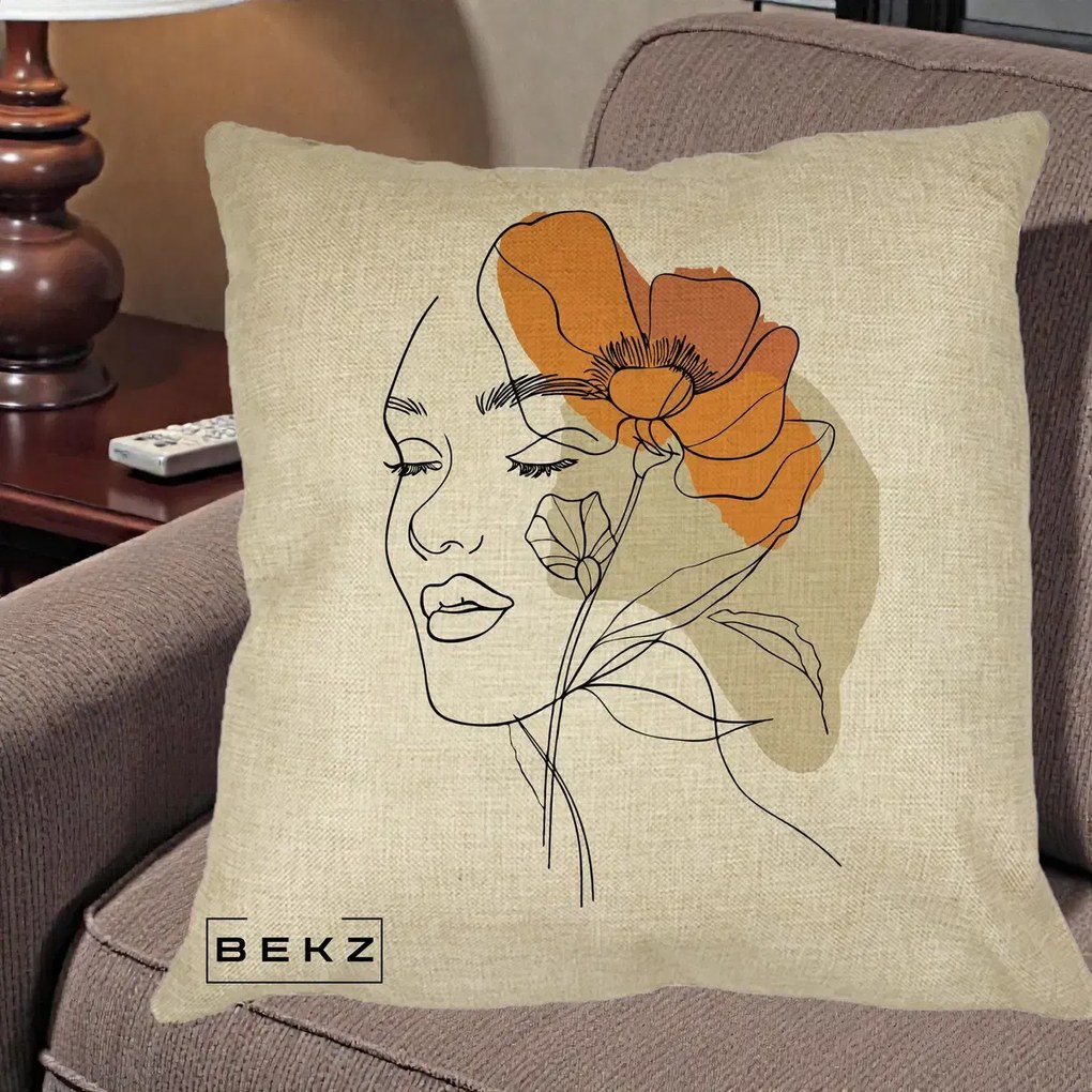 Perna Decorativa Portret Feminin Mac Mare Portocaliu, 40x40 cm, Crem, Husa Detasabila, Perna Inclusa, BEKZ®
