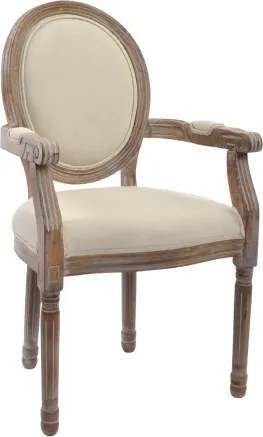 Scaun cu brațe dining din lemn sculptat tapițat cu stofă bej, 56×48×96 cm, „Elysée"