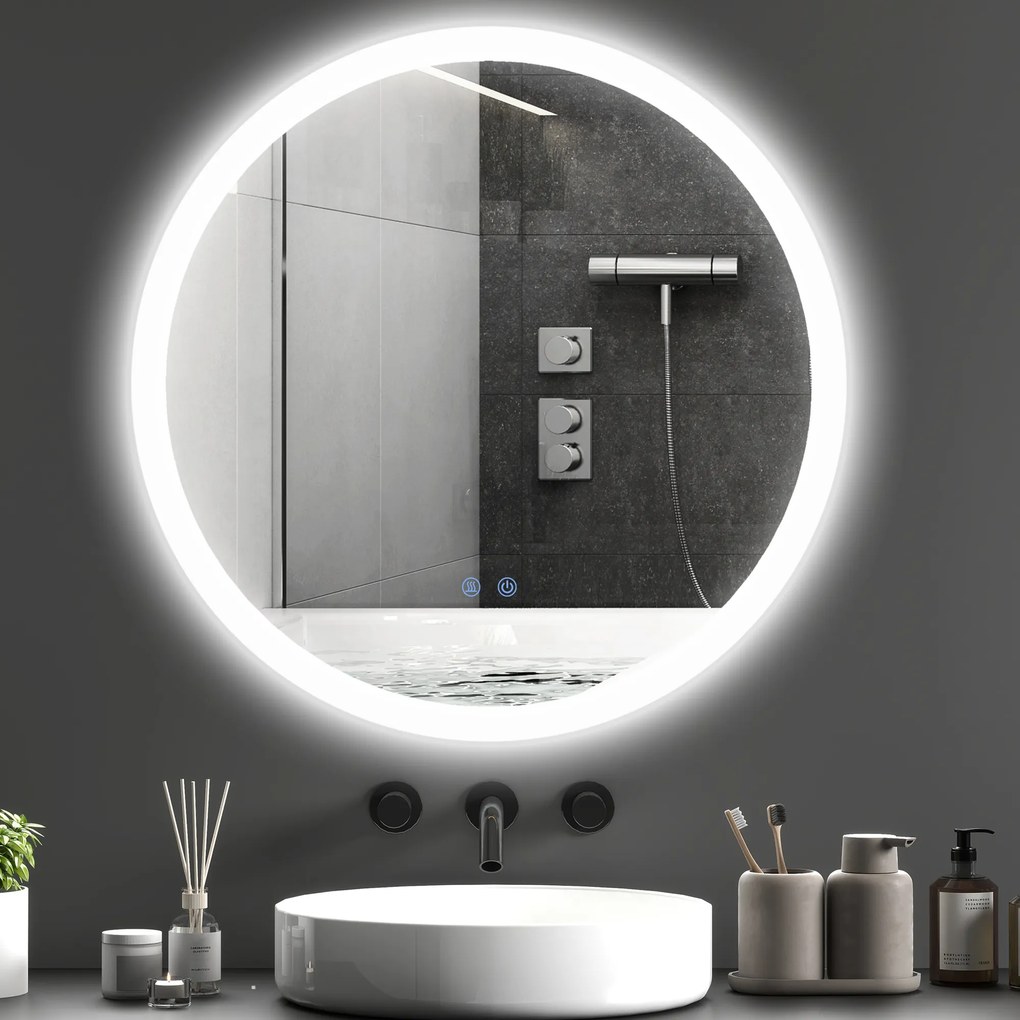 Kleankin Oglindă Rotundă LED pentru Baie, Reglabilă, 3 Temperaturi de Culoare, Anti-Ceță, 70cm | Aosom Romania
