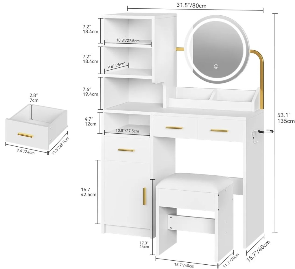 SEA825 - Set Masa toaleta 80 cm, 3 Sertare, Oglinda cu LED, Suport Uscator Par, masuta vanity, make-up cu Scaun - Alb - Auriu