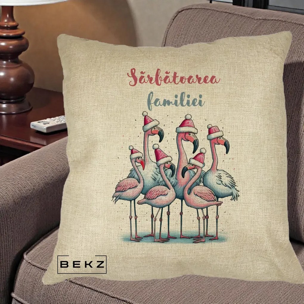 Perna Decorativa Flamingo Craciun Sarbatoarea Familiei, 40x40 cm, Crem, Husa Detasabila, Perna Inclusa, BEKZ®