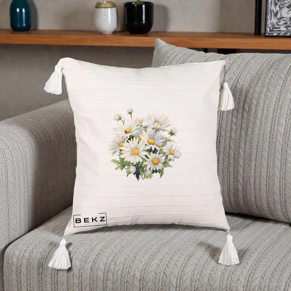 Perna Decorativa Buchet Margarete Albe Acuarela, 40x40 cm, Bej cu Franjuri, Husa Detasabila, Perna Inclusa, BEKZ®