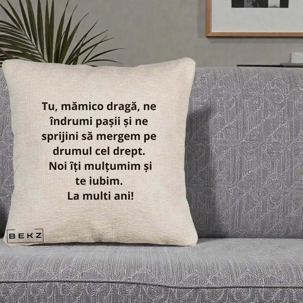 Cadou pentru Mama - Perna Personalizata Mamico Draga Te Iubim La Multi Ani cu Text Negru, 40x40 cm, Bej Canapea, Husa Detasabila, Perna Inclusa, BEKZ®