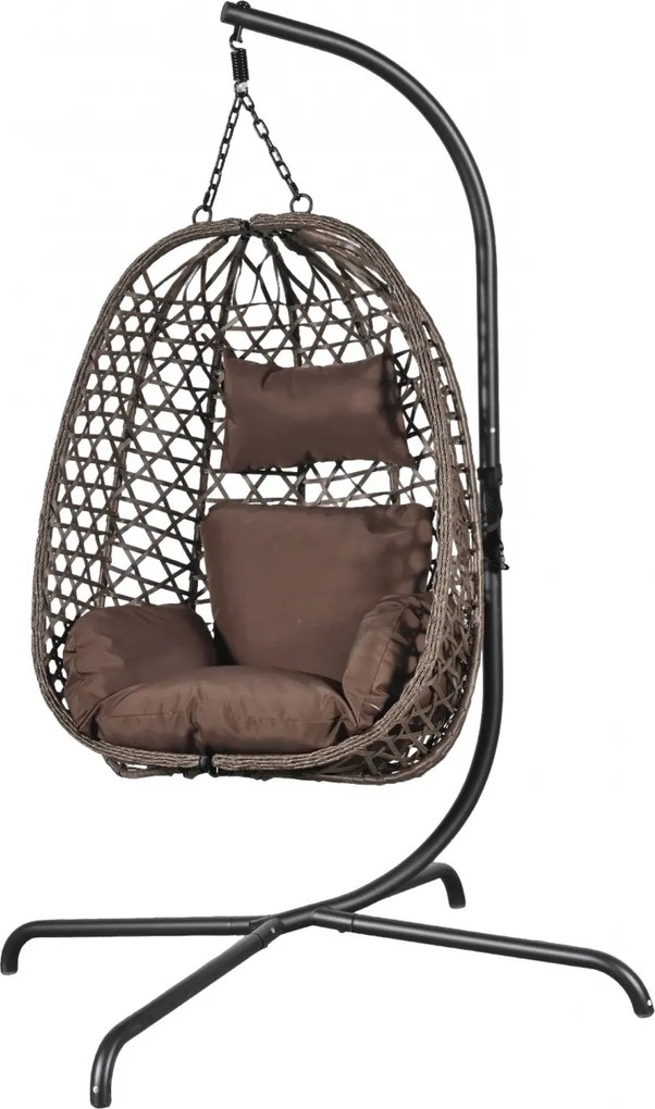 Fotoliu leagan suspendat, cu perne moi, cos pliabil, rezistente la UV, împletitură PE ratan, structură metalică, pentru interior și exterior, Maro