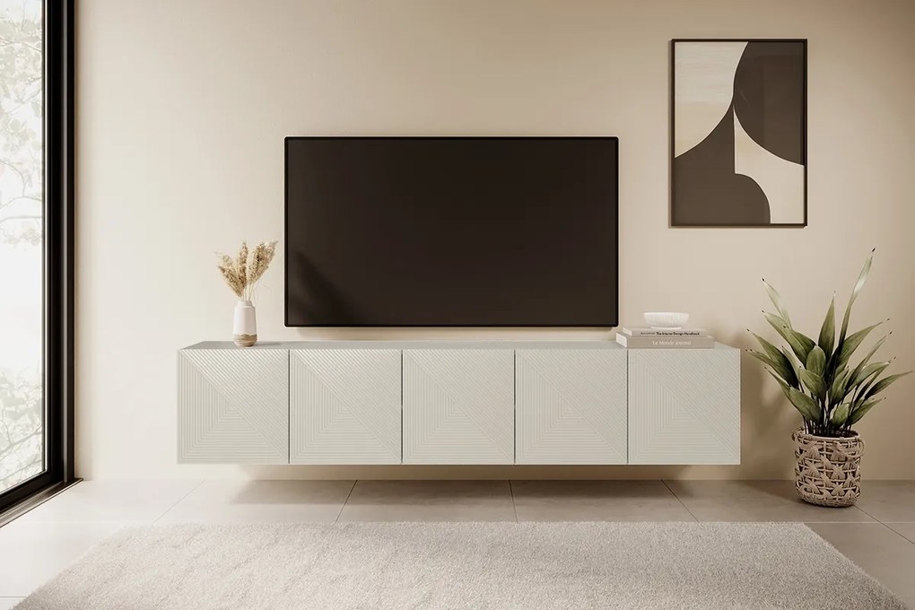 Comodă TV suspendată Asha 200 cm, partea frontală riflat – cashmere
