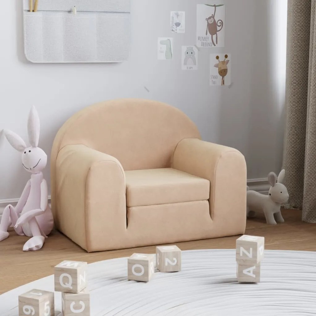 341800 vidaXL Canapea extensibilă pentru copii, crem, pluș moale