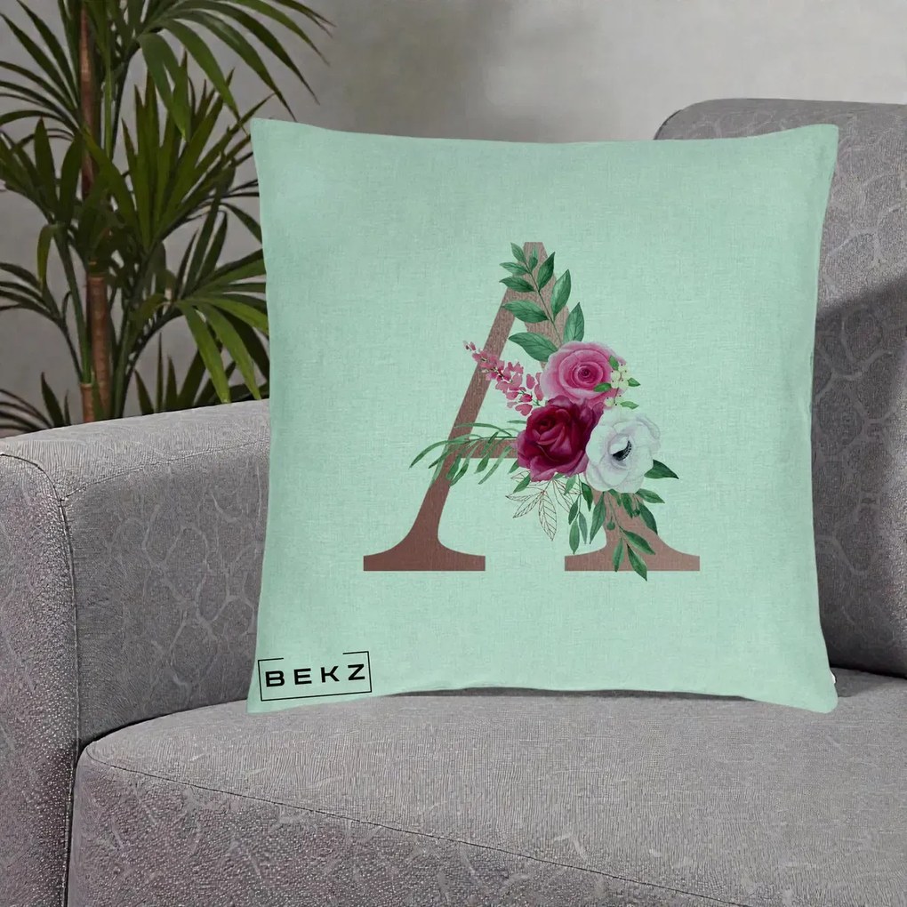 Cadou Personalizat - Perna Personalizata Monograma Rose Gold Litera A, 40x40 cm, Verde Menta, Husa Detasabila, Perna Inclusa, BEKZ®
